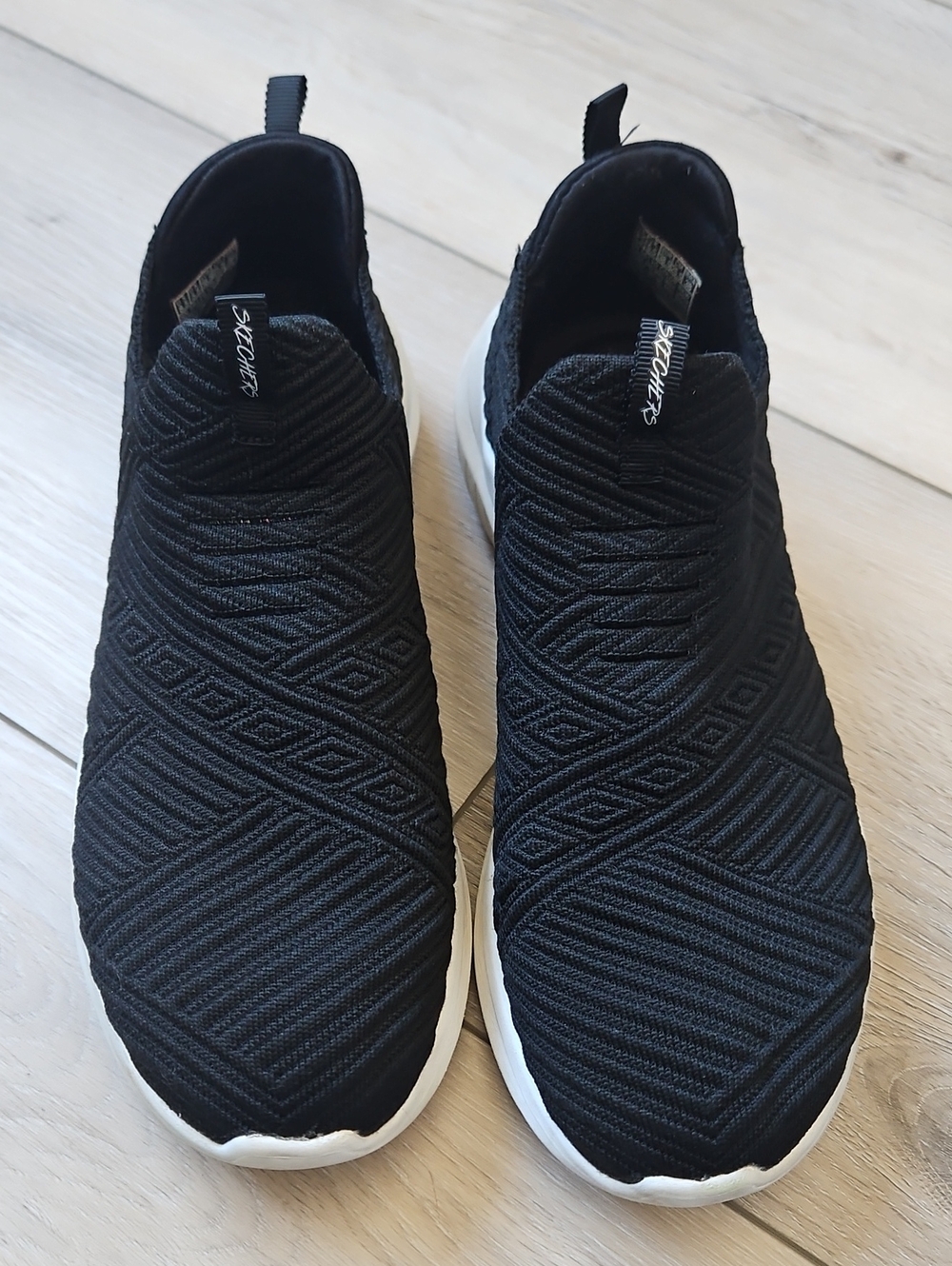 Skechers Black Knit Slip-On Sneakers with White Soles
